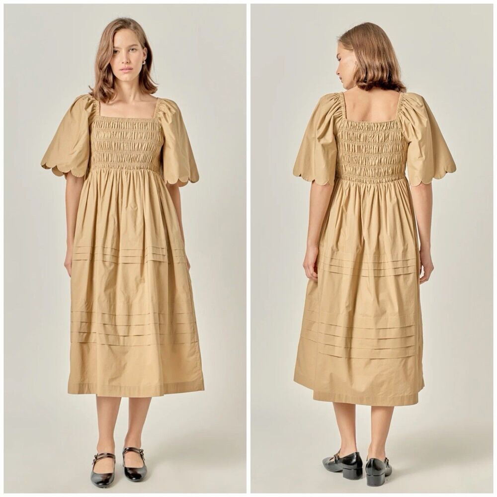 English Factory Scallop Puff Sleeve Midi Dress Tiered Tan Brown Cottagecore XS